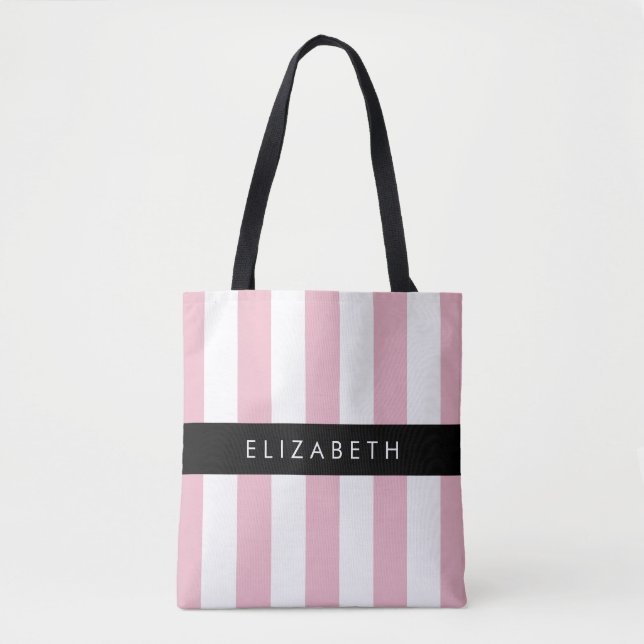 Bolsa Tote Listras Rosa, Padrão Strike, Linhas, Seu Nome (Frente)