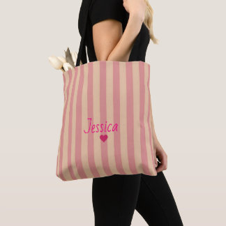 Bolsa Tote Listras Rosa Simples Elegante Nome Personalizado