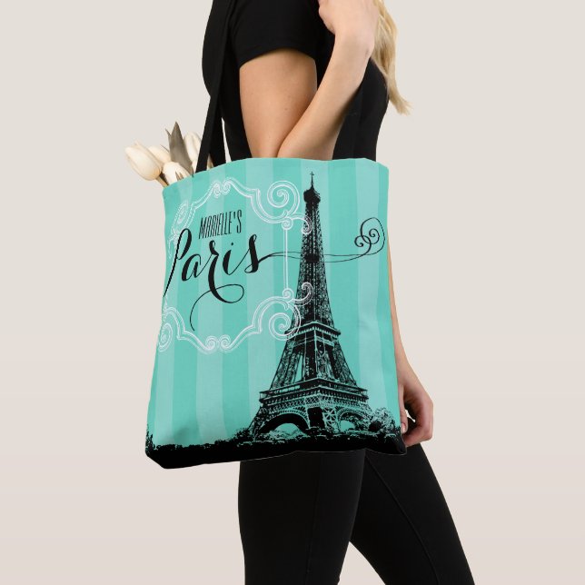 Bolsa Tote Listras verdes de Seafoam do monograma de Paris da (Close Up)