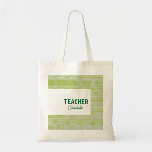 Bolsa Tote Listras verdes e brancas de limão nome do professo