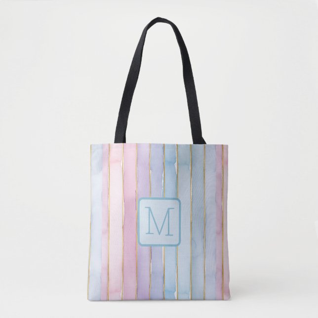 Bolsa Tote Listras Verticais Azul Bloco de Cor Monograma (Frente)