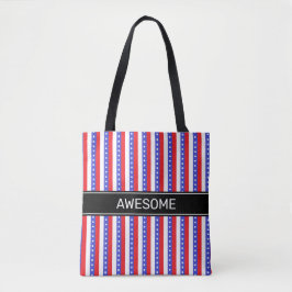 Bolsa Tote Listras Verticais Elegantes Azul Vermelho Branco