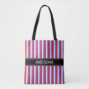 Bolsa Tote Listras Verticais Elegantes Azul Vermelho Branco