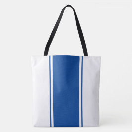 Bolsa Tote Listras Verticais Esportivas Azul Escuro em Branco