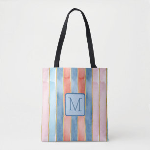 Bolsa Tote Listras Verticais Largas Azul Bloco de Cor Monogra