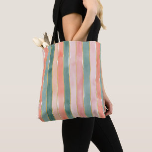 Bolsa Tote Listras Verticais Largas em Aquarela Azul Verde Ro