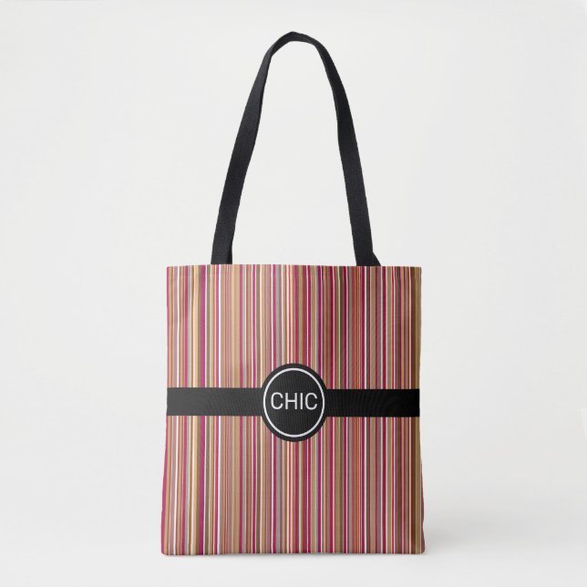Bolsa Tote Listras verticais modernas em tons marrons e verme (Frente)