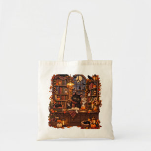 Bolsa Tote Livraria de Gatos Pretos Aconchegantes Halloween