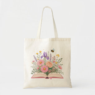Bolsa Tote Livro Aberto com Flores Silvestres Erupcionando e 