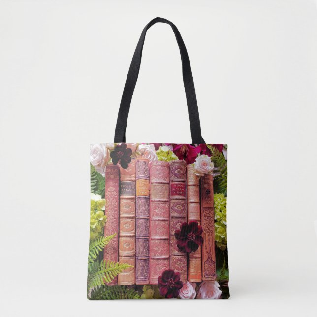 Bolsa Tote Livros Antigos e Flores de Borgonha (Frente)
