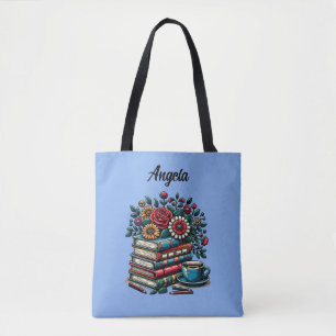 Bolsa Tote Livros Antigos Personalizados, Café e Flores