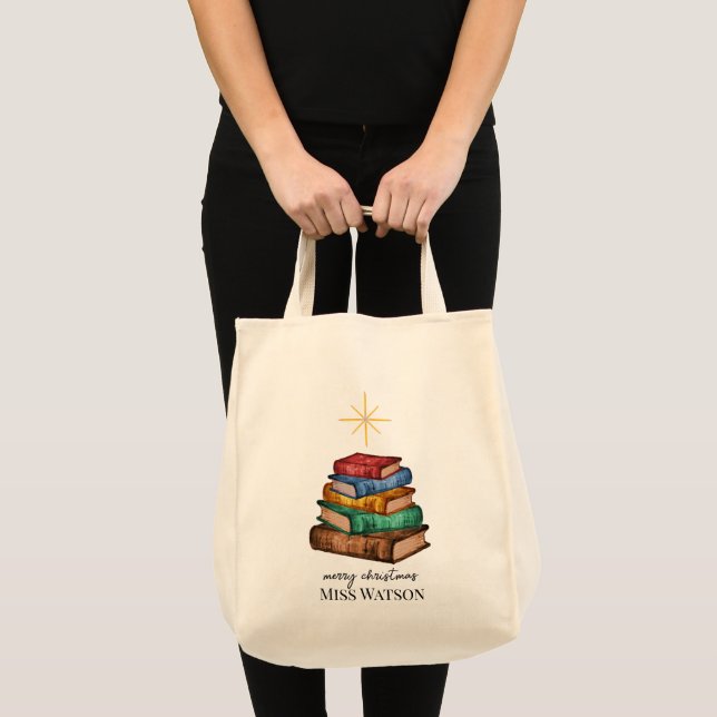 Bolsa Tote Livros Árvore de Natal Professor Personalizado Tot (Frente (produto))
