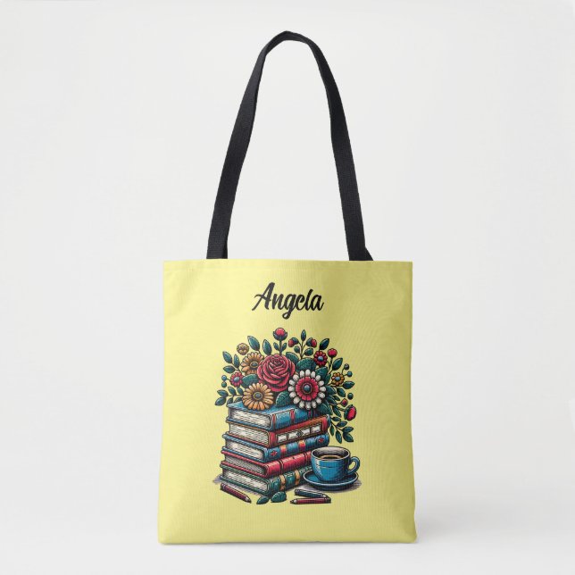 Bolsa Tote Livros, Café e Flores Personalizados (Frente)