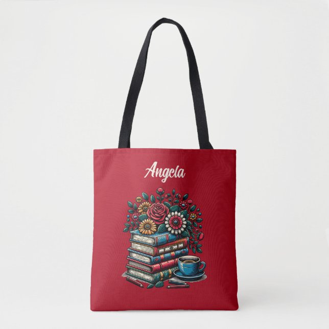 Bolsa Tote Livros, Café e Flores Personalizados (Frente)