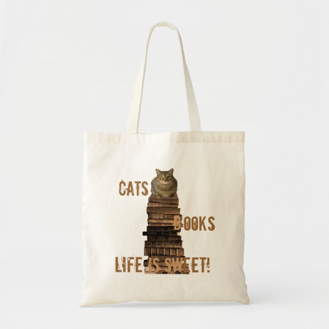 Bolsa Tote Livros de gatos a vida é doce - castanho (Frente)
