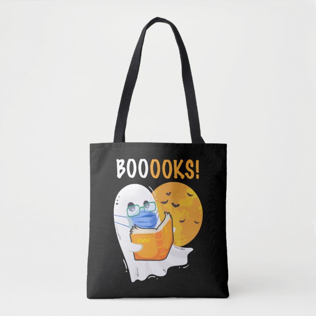 Bolsa Tote Livros de Halloween Ghost lendo livros e vestindo (Frente)