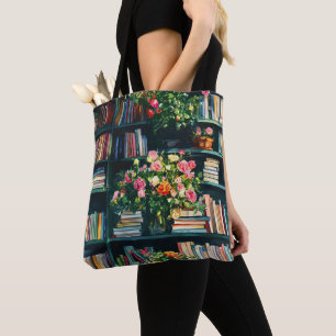 Bolsa Tote Livros e Flores na Estante de Livros