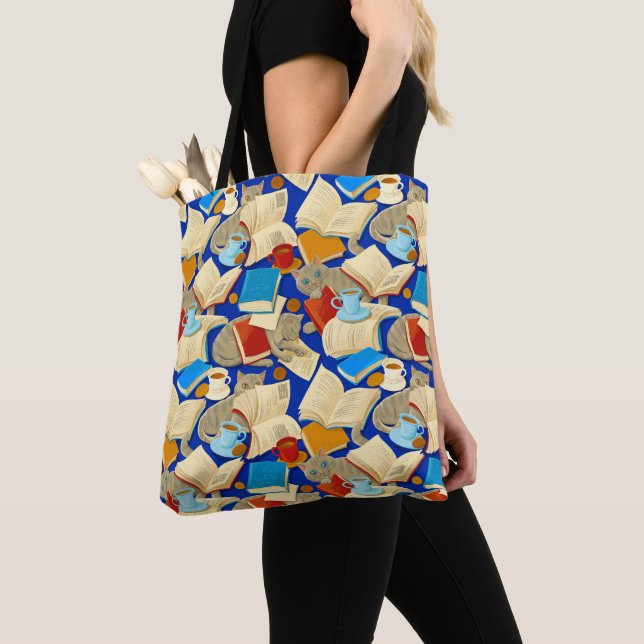 Bolsa Tote Livros e gatos em azul (Close Up)