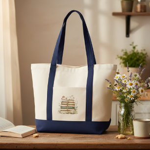 Bolsa Tote Livros Vintage em Aquarela e Flores Silvestres