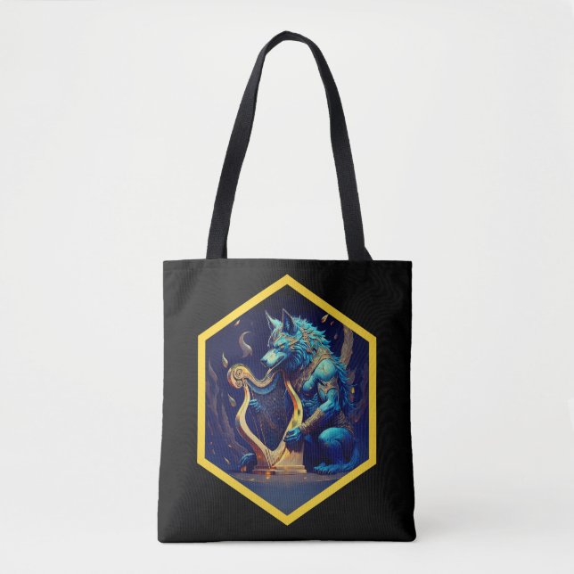 Bolsa Tote Lobisomem Azul Tocando Uma Harpa Dourada (Frente)