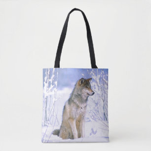 Bolsa Tote Lobo Cinzento sentado na Neve, Canis lupus