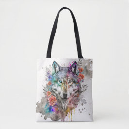 Bolsa Tote Lobo Colorido e Florais Aquarela na Natureza