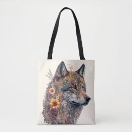 Bolsa Tote Lobo Colorido e Florais Aquarela na Natureza