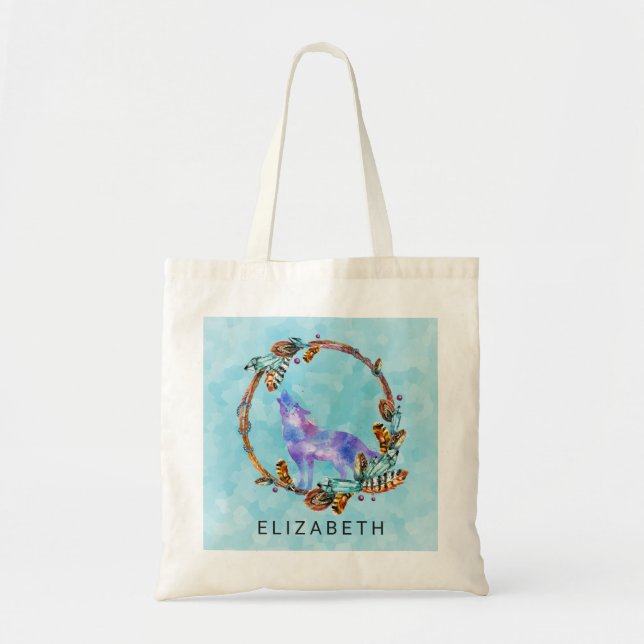 Bolsa Tote Lobo de Aquarelas em Pé de Estilo Boho (Frente)
