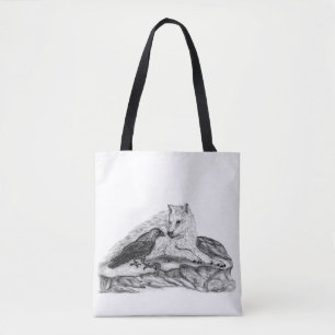 Bolsa Tote Lobo e corvo - design preto e branco