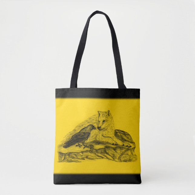 Bolsa Tote Lobo e Raven - Design preto e amarelo (Frente)