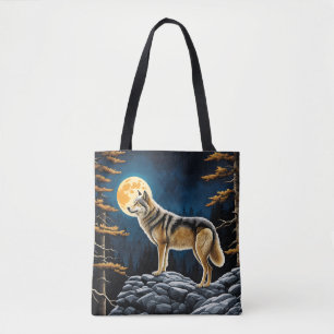 Bolsa Tote Lobo na Floresta com Lua Amarela