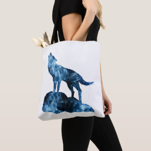 Bolsa Tote Lobo Uivando silhueta de fumaça cintilante azul