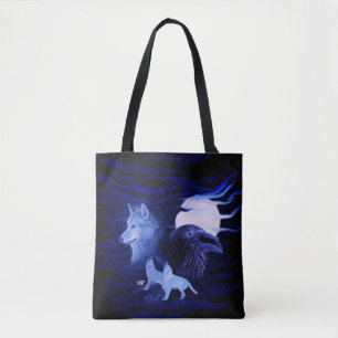 Bolsa Tote Lobos e corvo com Lua cheia