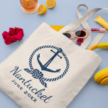 Bolsa Tote Local de Casamento Personalizado de Âncora Azul Ma<br><div class="desc">O saco de totas náuticas apresenta uma âncora azul de barco marinho com estrutura decorativa de nó de corda e texto personalizado que pode ser personalizado para suas férias ou evento especial.</div>