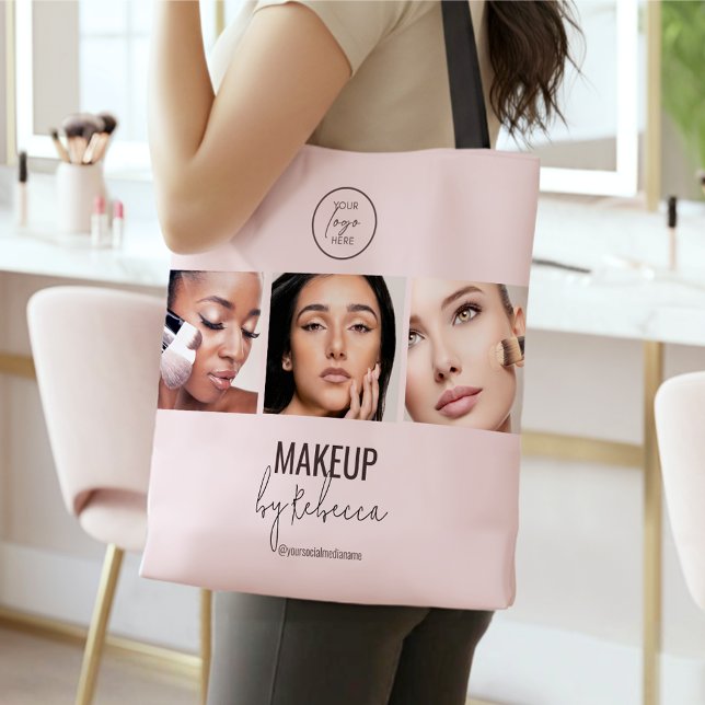 Bolsa Tote Logotipo do Estúdio de Maquiagem Moderno Rosa Cora (Modern blush pink design with 3 photo slots for your model photography)