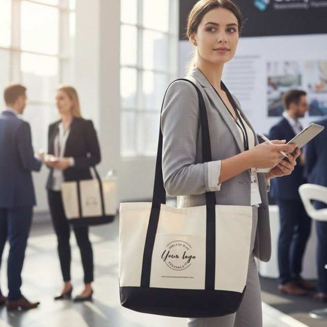 Bolsa Tote Logotipo Empresarial Personalizado Moderno e site  (Modern business branded trade show tote bags with website. Easy to use. no minimum orders.)