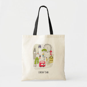 Bolsa Tote London Cartoon Map Pessoas Landmarks Contemporâneo