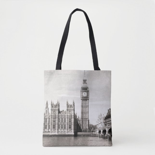 Bolsa Tote Londres antiga, preto e branco. (Frente)