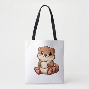 Bolsa Tote Lontra Fofa com Café – Animal Kawaii Aconchegante