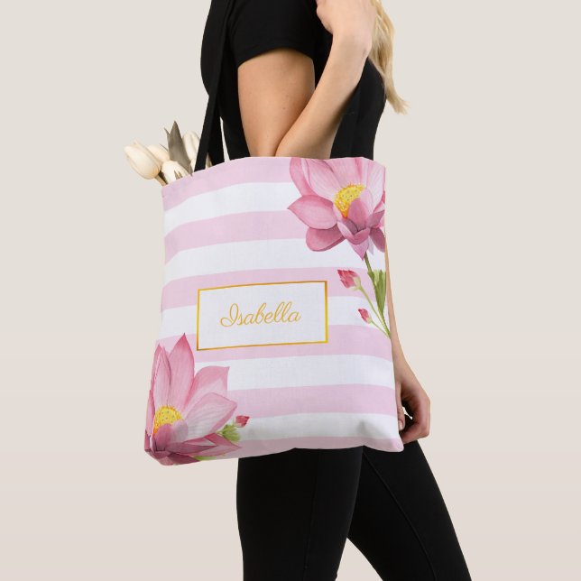 Bolsa Tote Lotus Bridesmaid, Floral Dourado Rosa Moderno (Close Up)