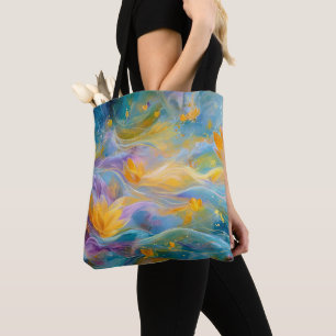 Bolsa Tote Lótus Dourado Abstrato Flores Flutuantes