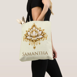 Bolsa Tote Lótus Floral dourado marfim faça-você-mesmo nome n
