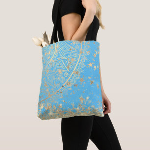 Bolsa Tote Lotus Mandala com Douradas estrelas sobre turquesa