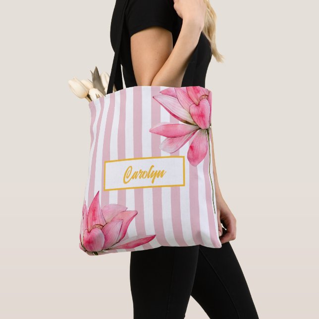 Bolsa Tote Lótus Rosa Floral Moderno Dourado Elegante para Da (Close Up)
