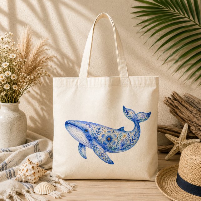 Bolsa Tote Louça Tema Floral Baleia Azul (Criador carregado)
