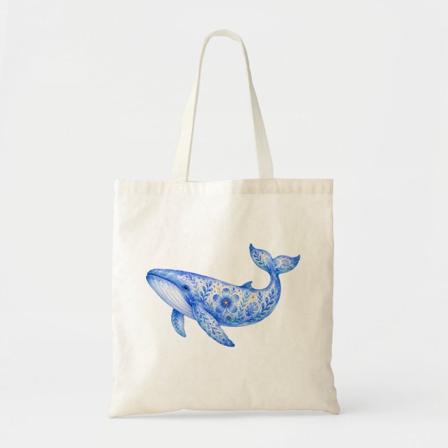 Bolsa Tote Louça Tema Floral Baleia Azul (Frente)