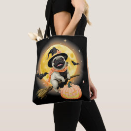 Bolsa Tote Louco Feliz Halloween Pug Andando por uma vassoura