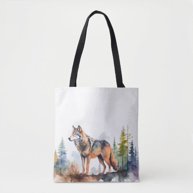 Bolsa Tote Loup en forêt à l'aquarelle (Frente)