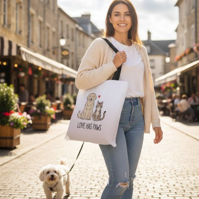 Bolsa Tote Love Has Paws | Cute Minimalist Dog and Cat Illust (Criador carregado)