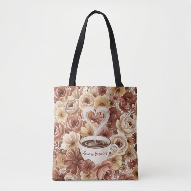 Bolsa Tote Love is Brewing Floral Coffee Heart Bridal Shower (Frente)